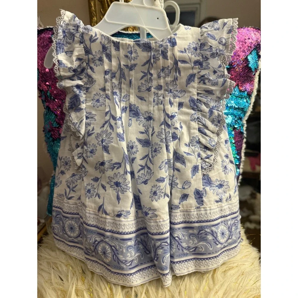 Cupcakes and Cashmere Kids Blue Floral 3pc Set Top Bloomers Headband 3-6M NWT - Picture 2 of 8